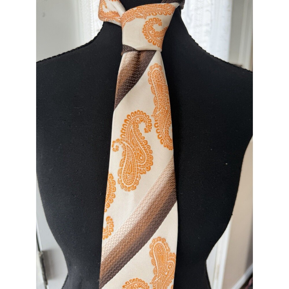 Karl Knox Bold Designer Necktie Orange Paisley Geometric Brown Cream Microfiber